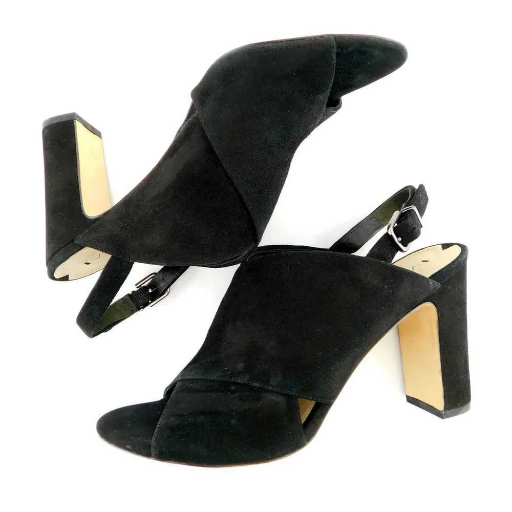 VIA SPIGA Black Suede Leather Cross Over Open Toe Sling Back Block Heels 8.5